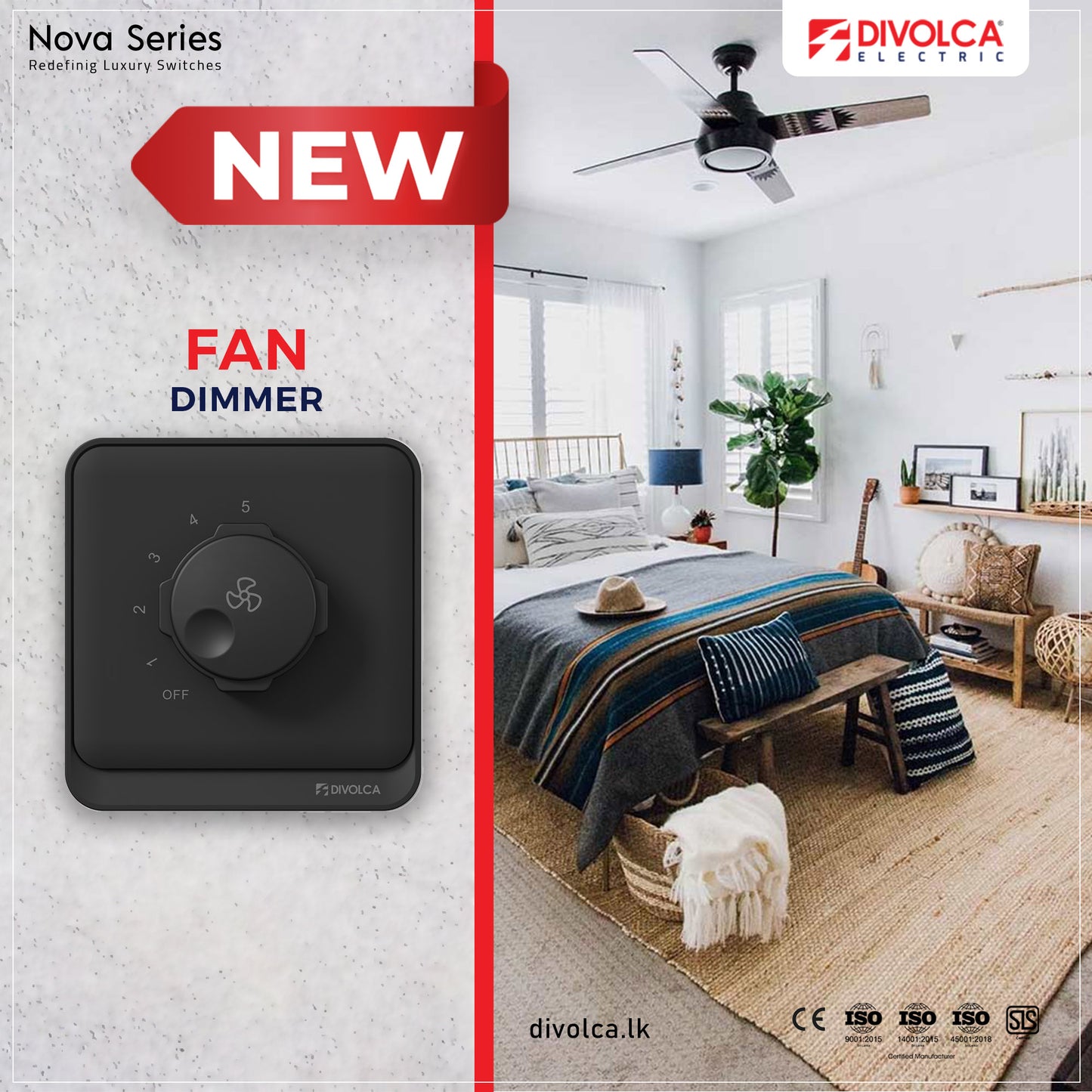 Divolca Nova 5-Step Fan Dimmer Black | 500W Fan Speed Controller - DP1525