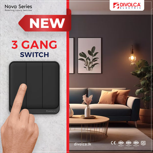 Divolca Nova Series 3 Gang 1 Way Switch Black – Sleek & Durable Design - DP1518