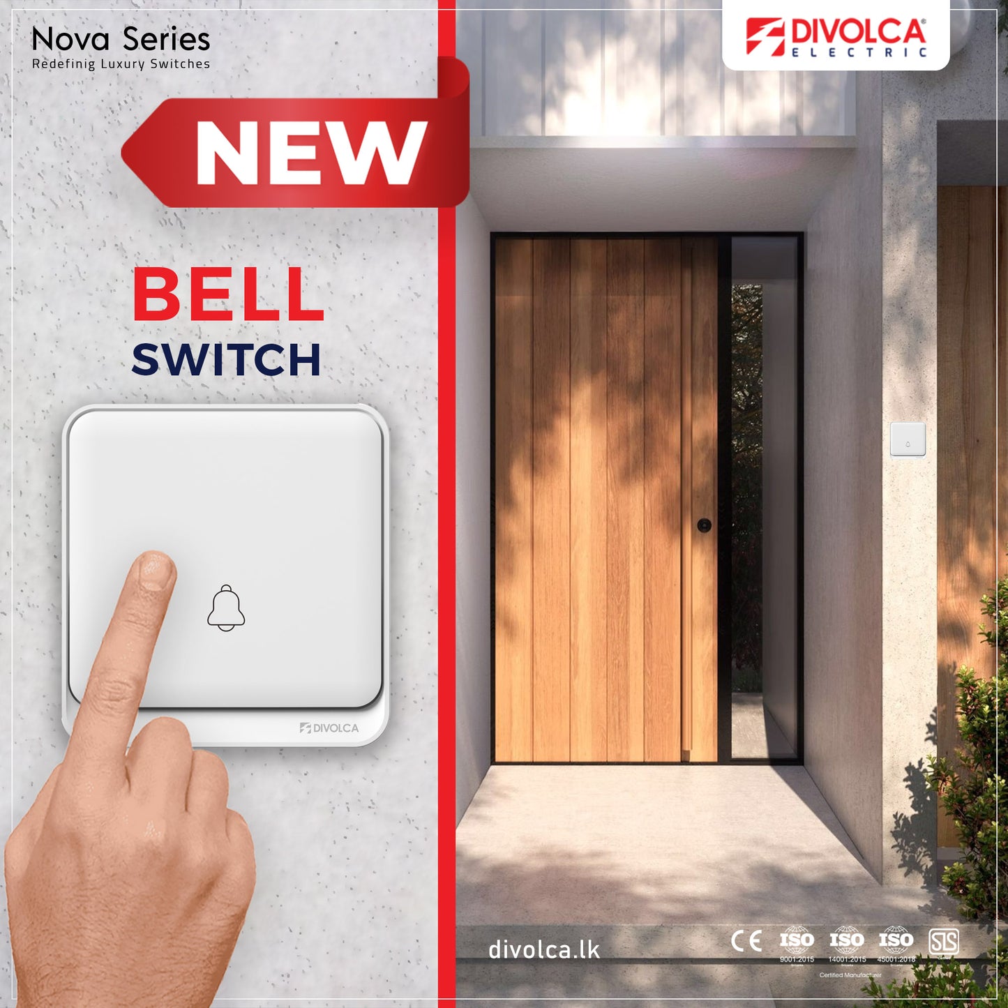 Divolca Nova Series 1 Gang Bell Switch - White, Sleek & Modern - DP1505