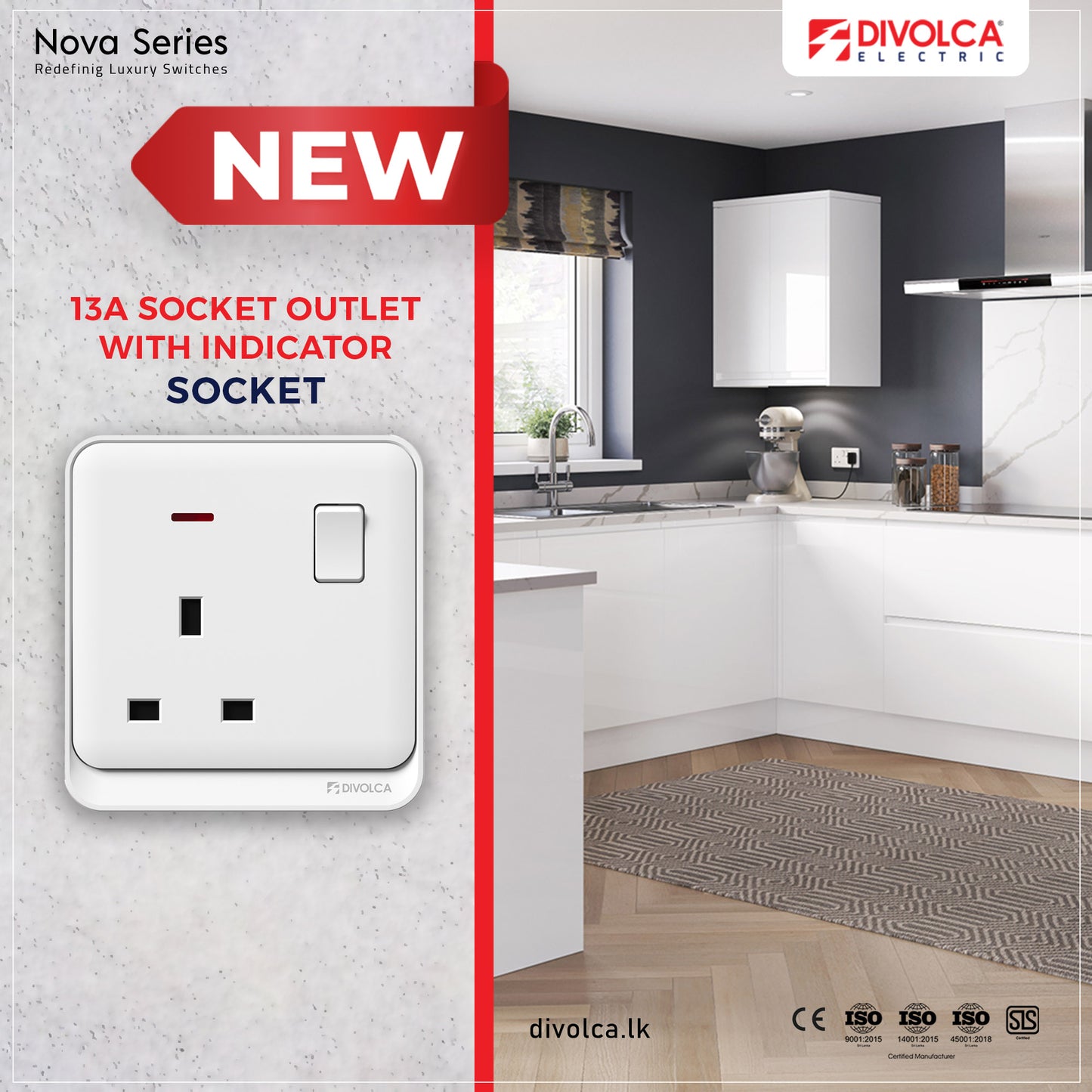 Divolca Nova 13A Socket Outlet with Indicator White – Sleek & Safe - DP1509
