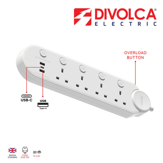 Divolca 13A 4-Way Extension Cord with USB & Type C Ports 5 Meters - DP1027