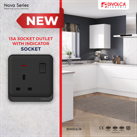Divolca Nova 13A Socket Outlet with Indicator – Black Finish - DP1524