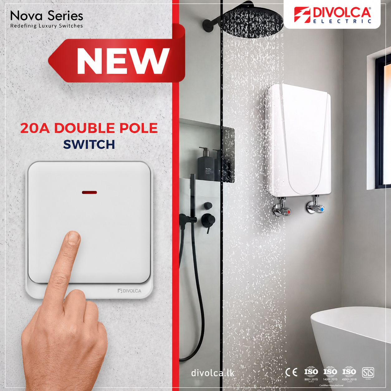 Divolca Nova Series 20A Double Pole Switch White – Sleek & Durable - DP1506